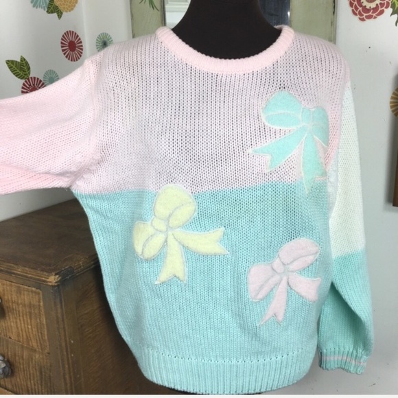 80s Pastel Sweater Fairy Kei Bows Oversized Kawaii - Picture 3 of 8